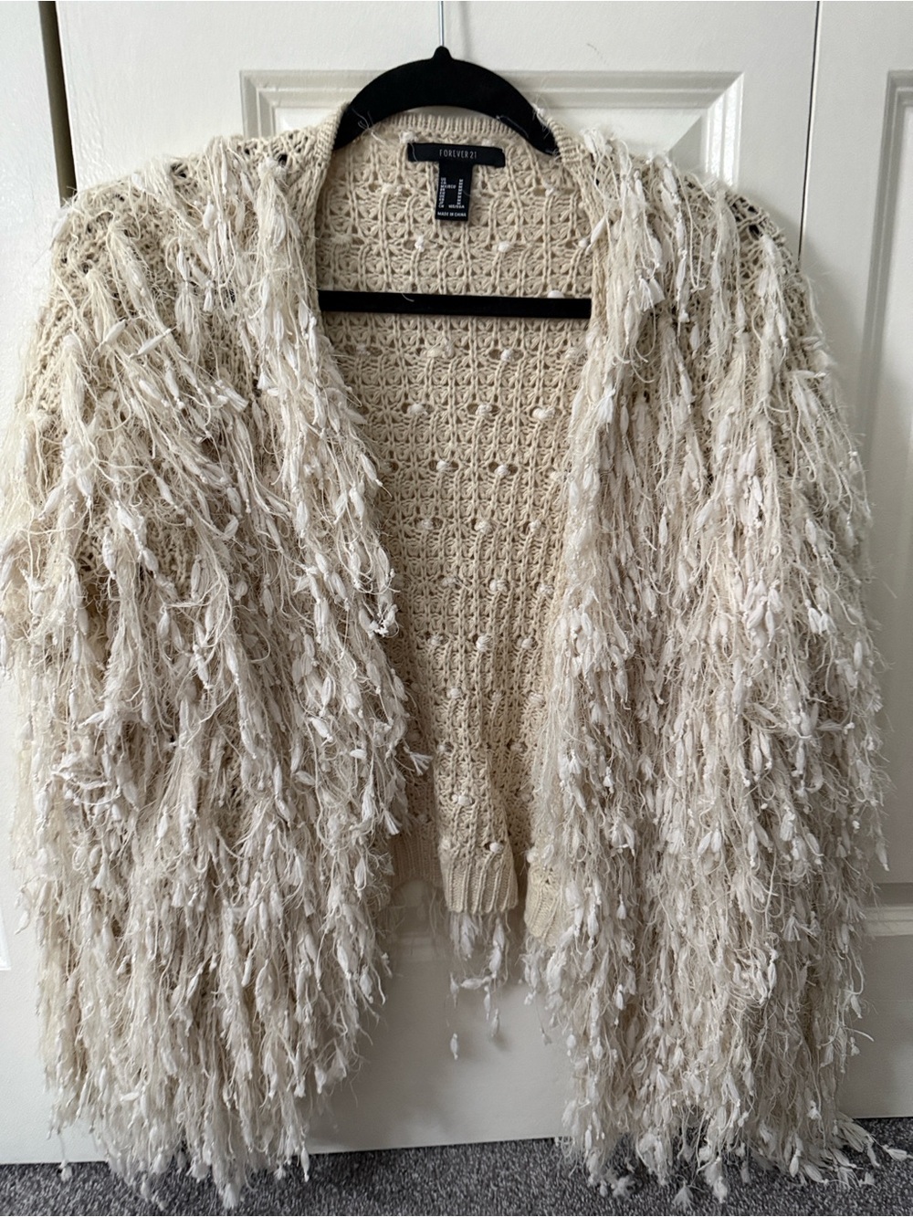Forever 21 Cream Fringe Open Cardigan
